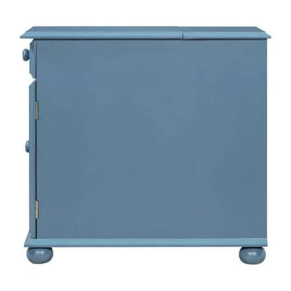Side view of a blue end table with round legs on a white background