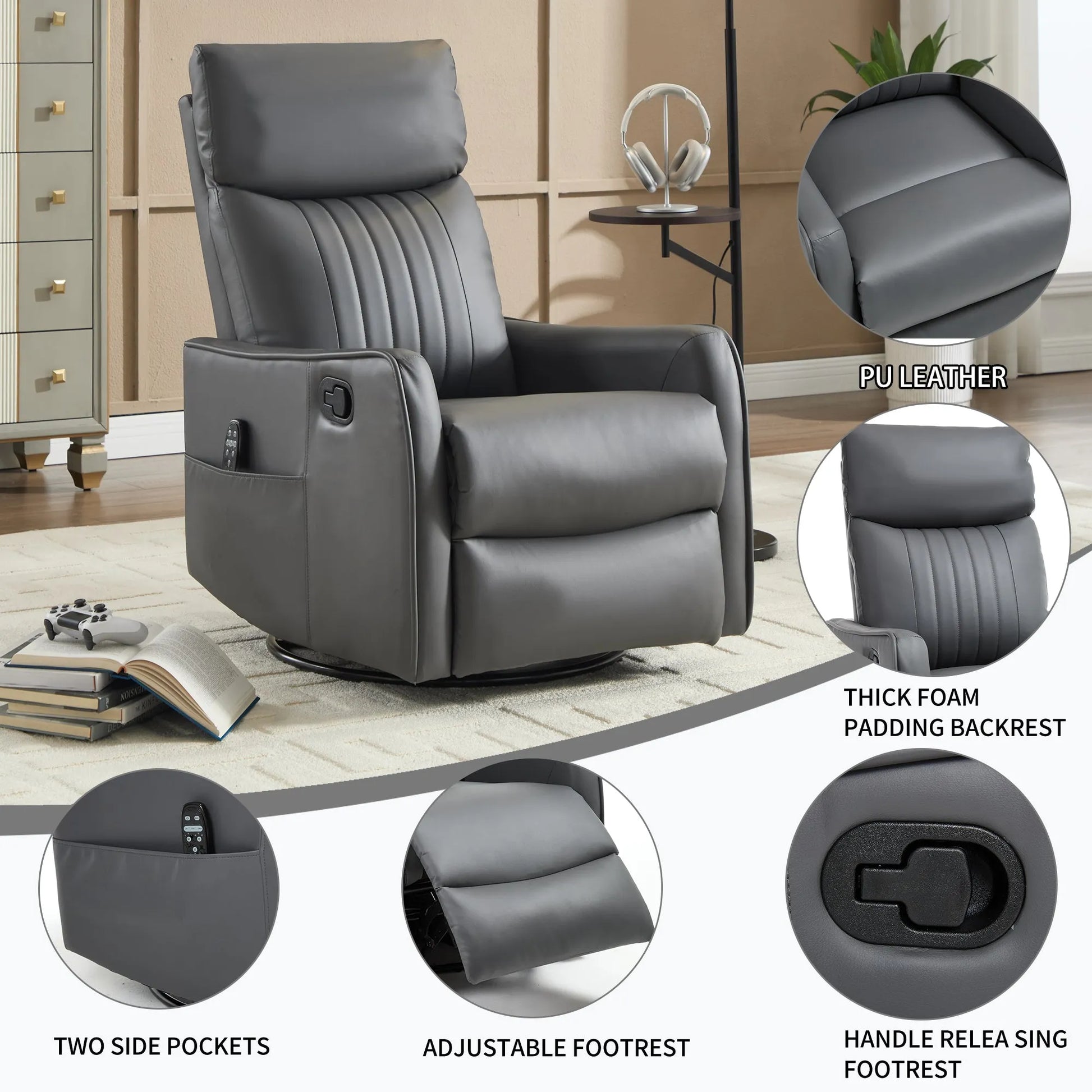 Gray recliner chair with features highlighted in a home setting