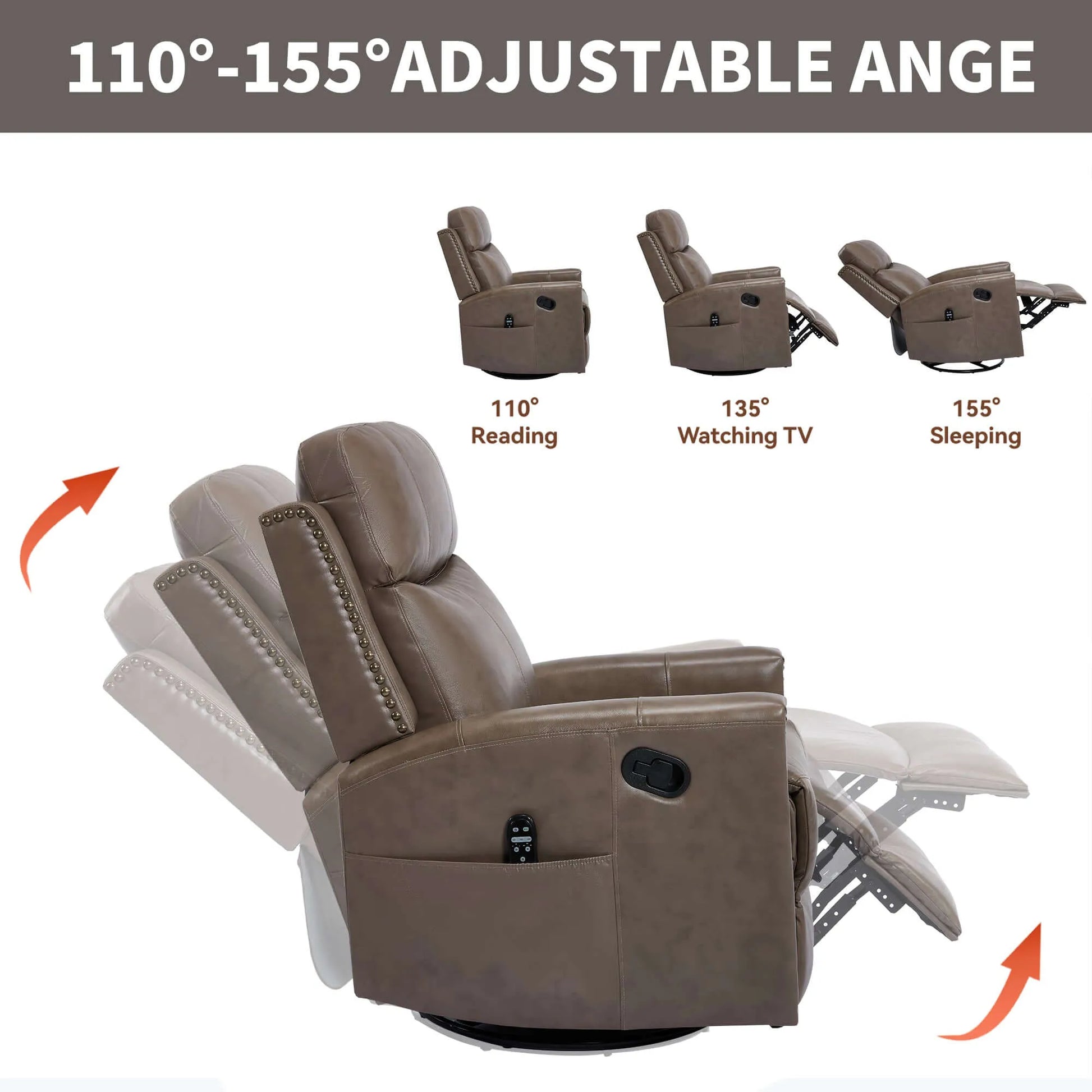 Brown recliner chair with adjustable angles for reading, watching TV, and sleeping on a white background.