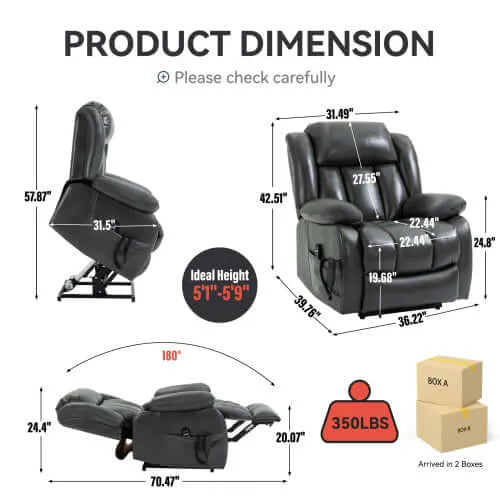 Dimensions of a recliner chair with measurements and product weight displayed.