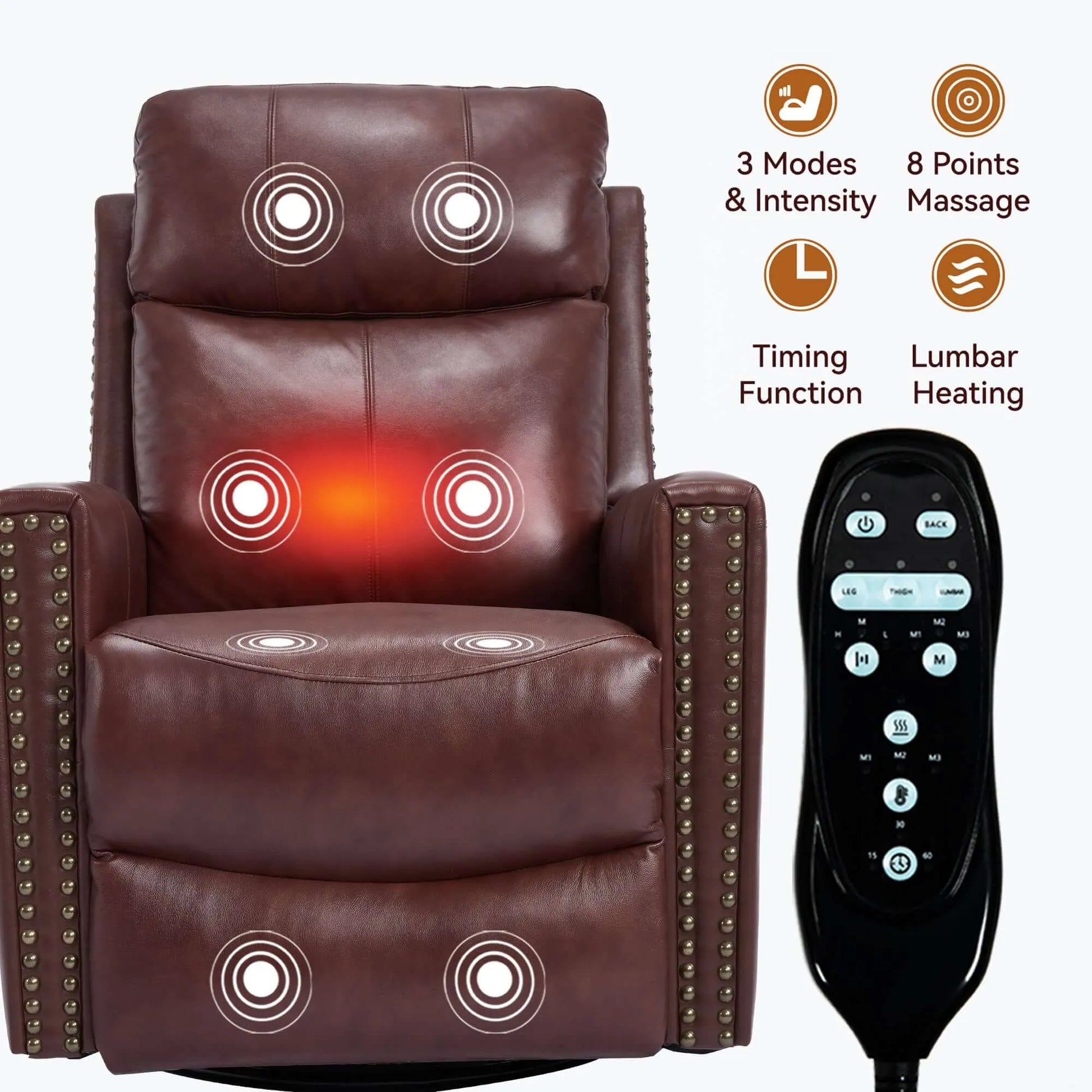 Brown massage chair with remote control on a white background