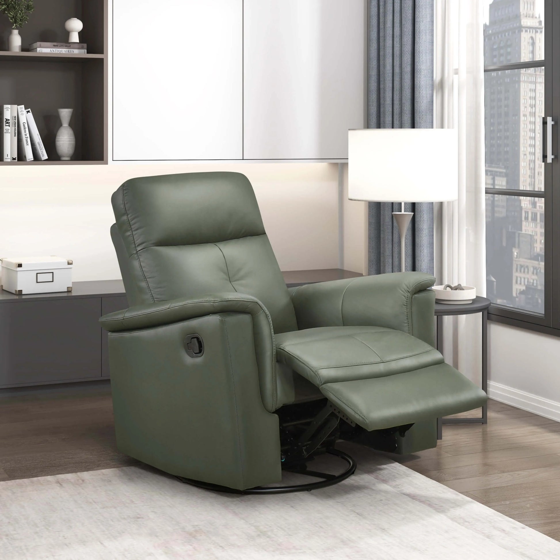 Green leather swivel glider recliner chair in a modern living room setting with a window and shelves in the background.