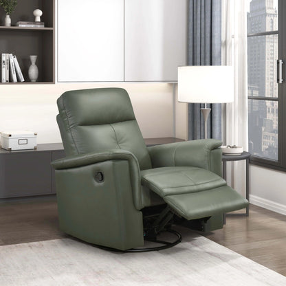 Green leather swivel glider recliner chair in a modern living room setting with a window and shelves in the background.