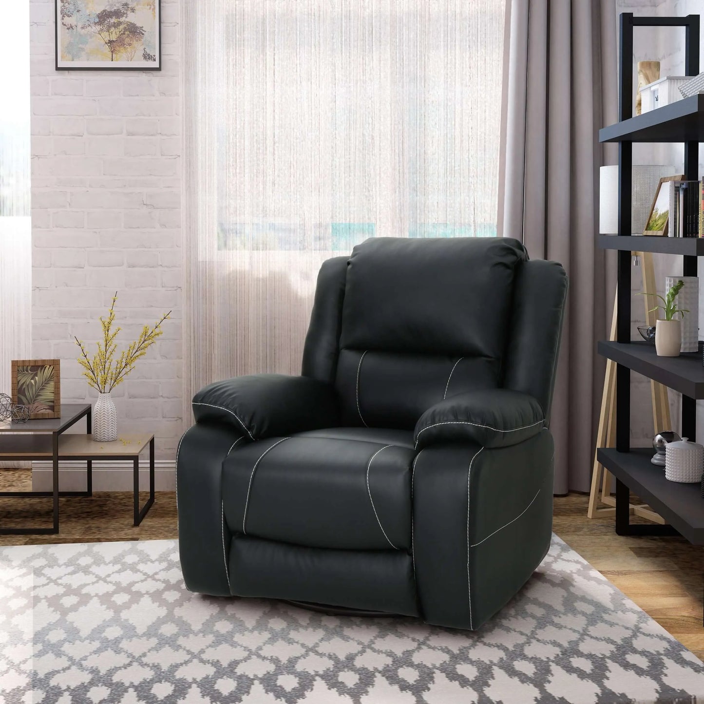 Black Modern Faux Leather Manual Swivel Recliner in a room with a bookshelf and carpet.