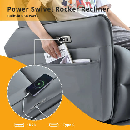 Gray power swivel rocker recliner with USB charging ports and a person using it.