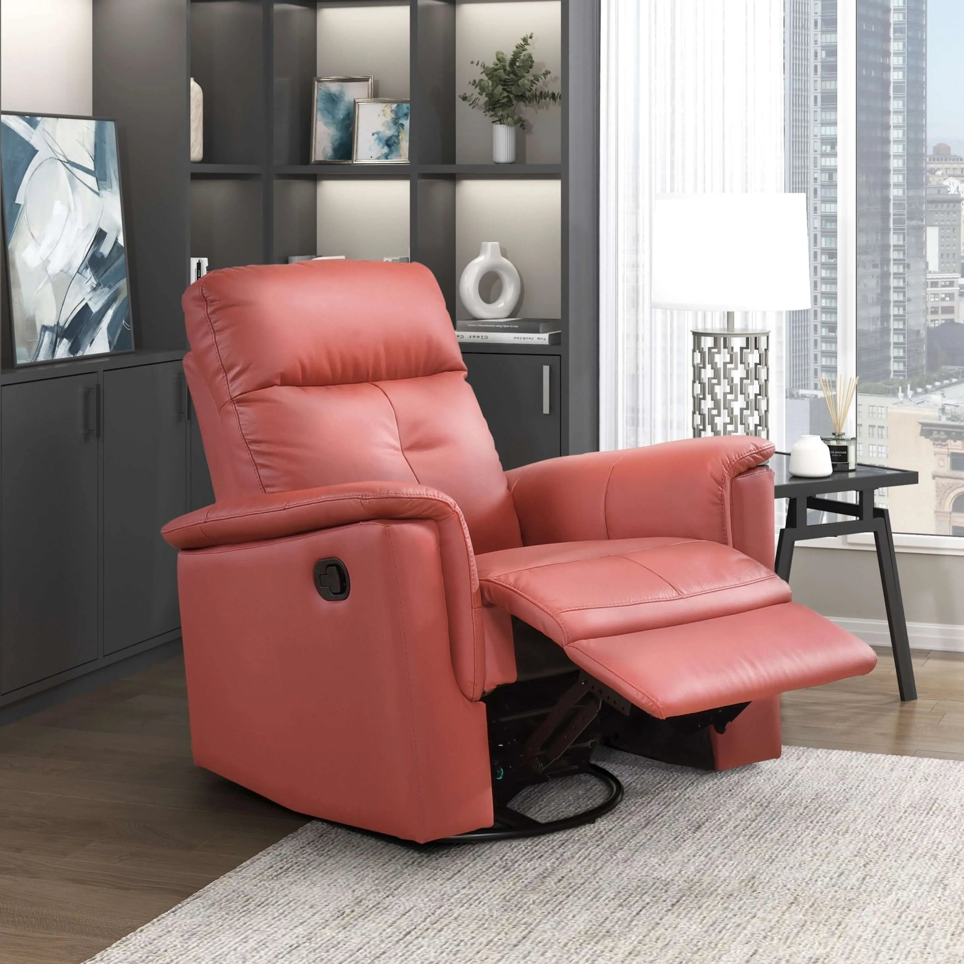 Red recliner chair in a modern living room setting with a bookshelf and city view.