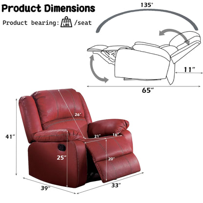 Red recliner chair with dimensions labeled and weight capacity on a white background