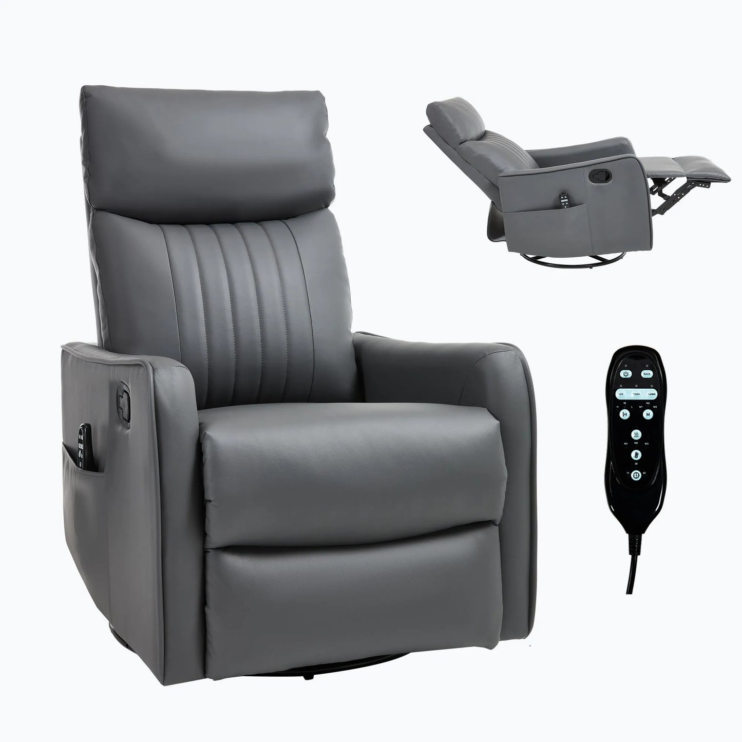 Gray recliner chair with remote control on a white background
