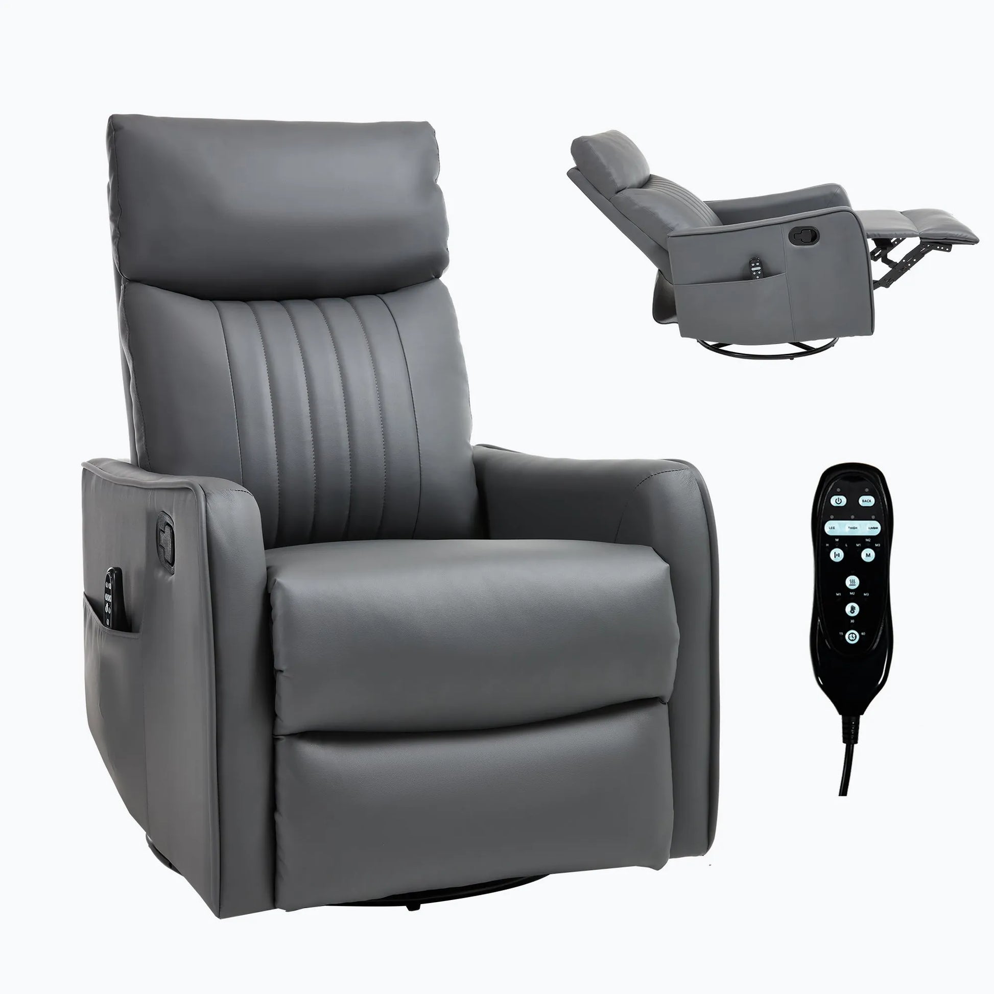 Gray recliner chair with remote control on a white background