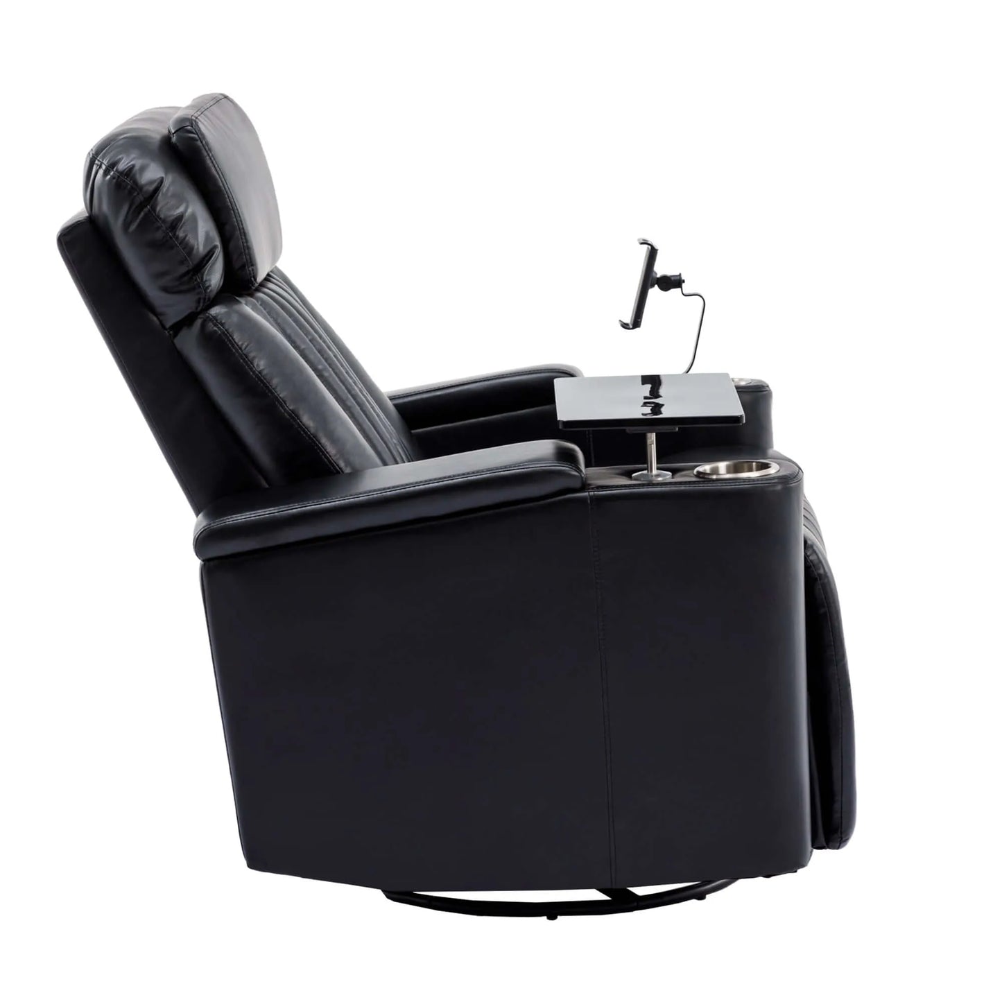 Side view of a black recliner chair with cup holder and armrest on a white background