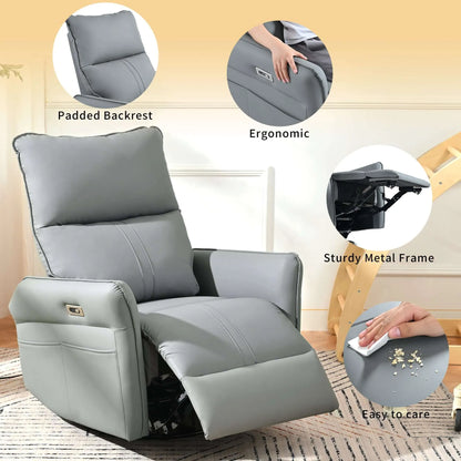 Gray recliner chair with features highlighted on a light background