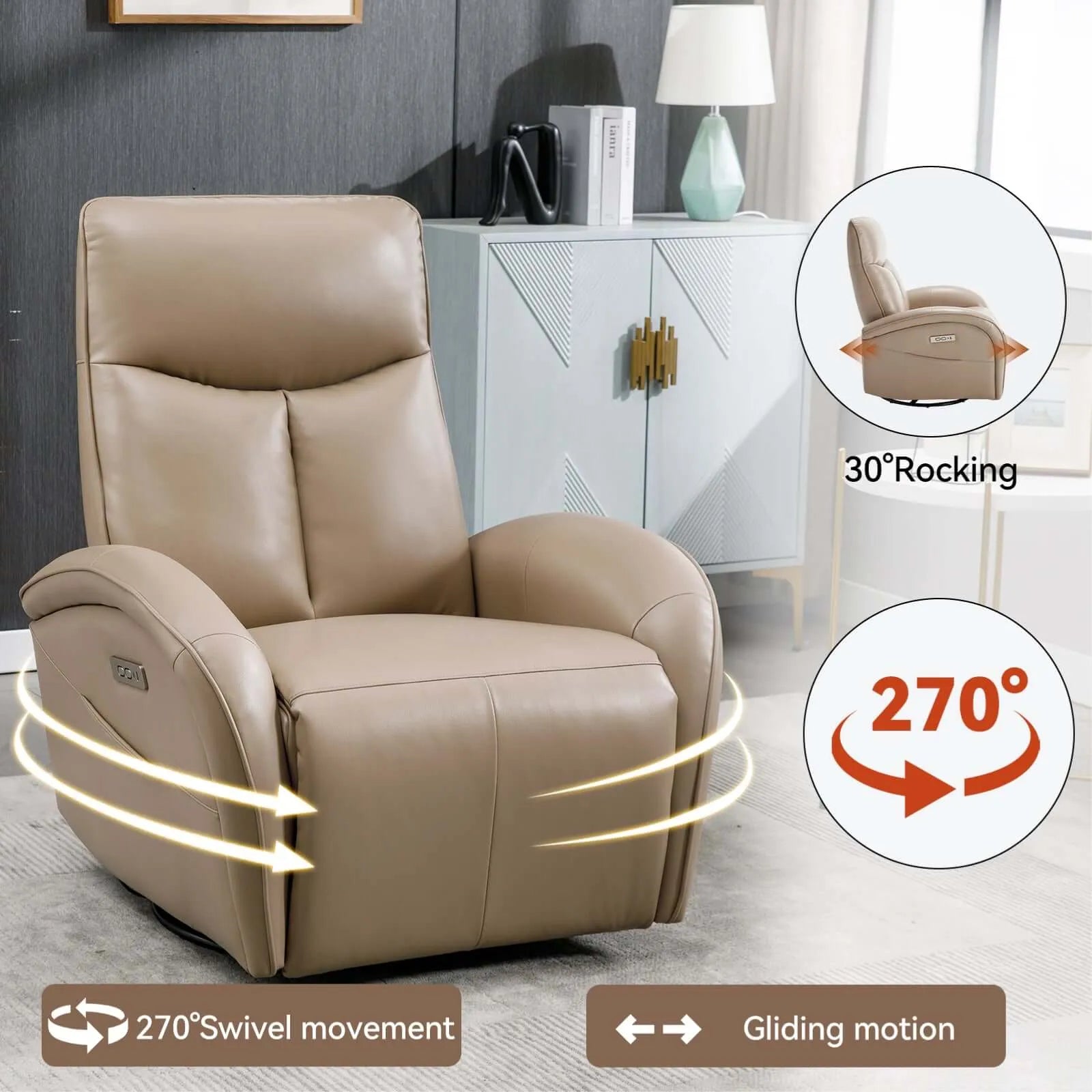 Brown recliner chair with rocking, swivel, and gliding motion features in a room setting.