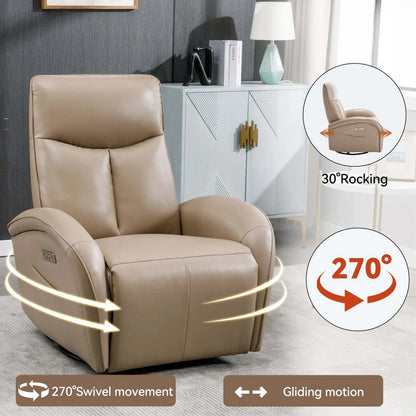 Brown recliner chair with rocking, swivel, and gliding motion features in a room setting.