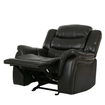 Front angle view of a reclining black faux leather glider recliner chair on a white background