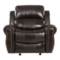 Wide brown faux leather glider recliner oversized chair with nailhead trim on a white background