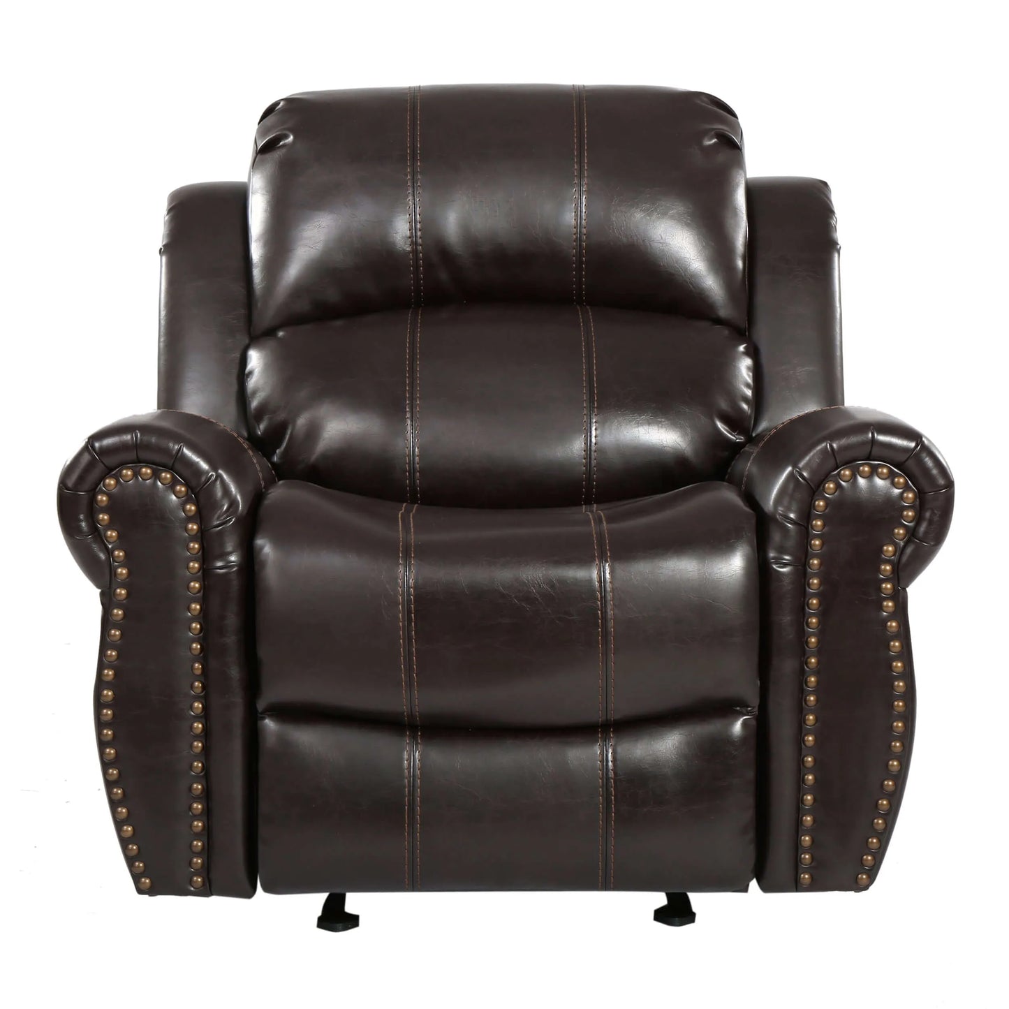 Wide brown faux leather glider recliner oversized chair with nailhead trim on a white background