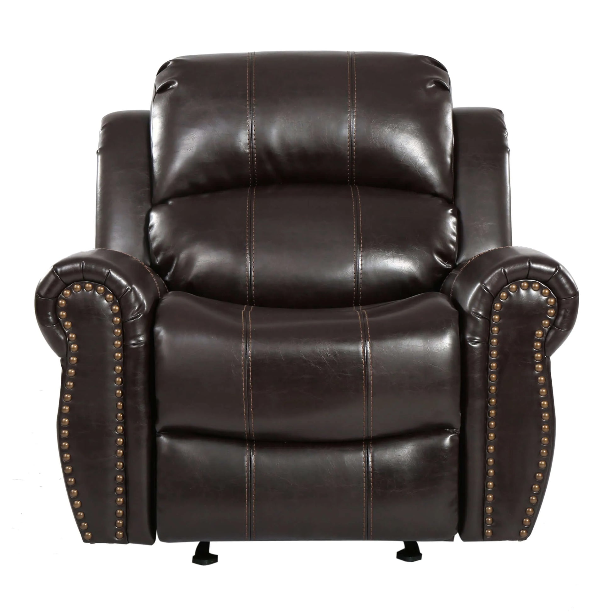 Wide brown faux leather glider recliner oversized chair with nailhead trim on a white background