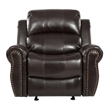 Wide brown faux leather glider recliner oversized chair with nailhead trim on a white background