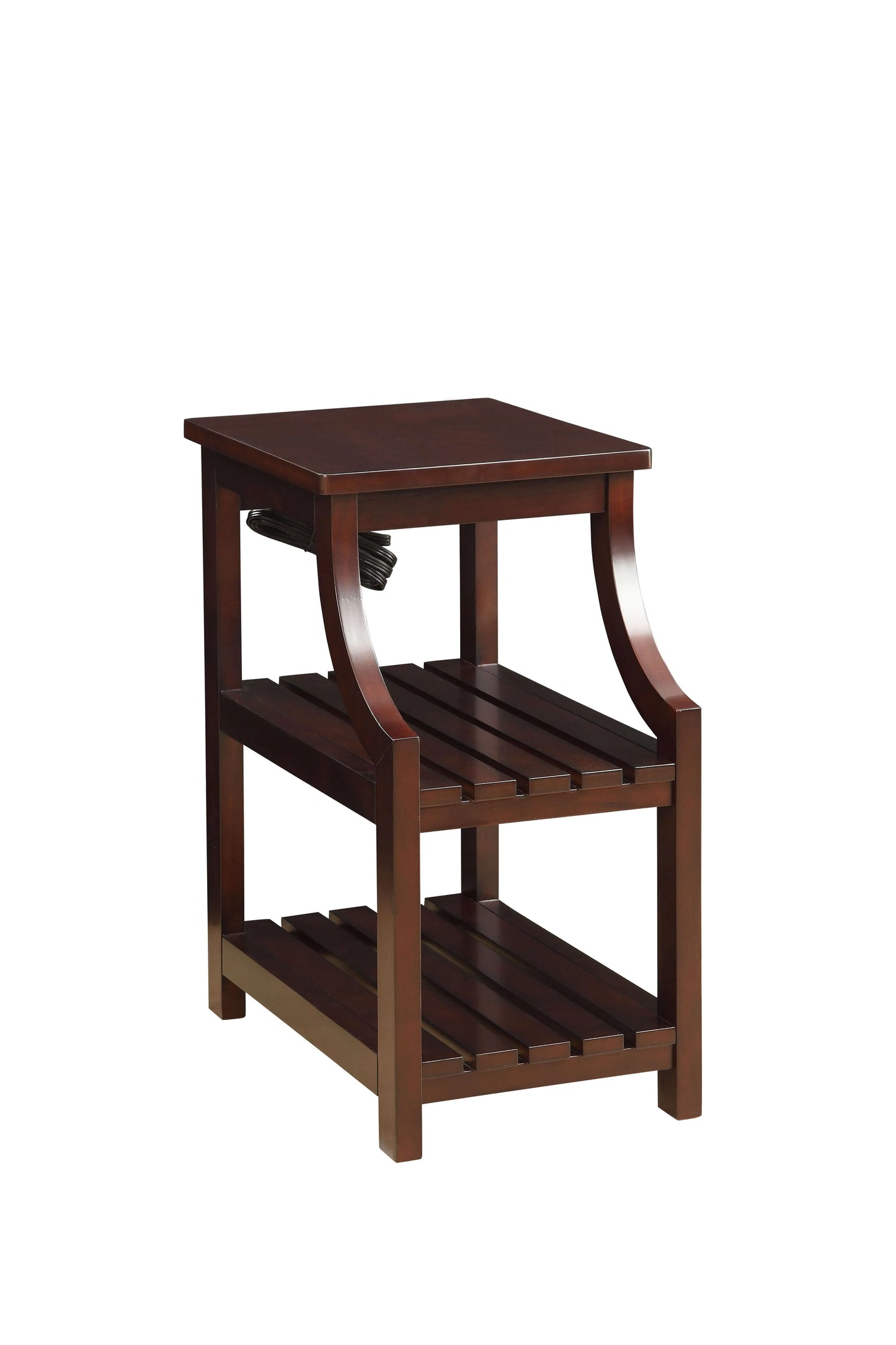 Wooden end table with two shelves on a white background