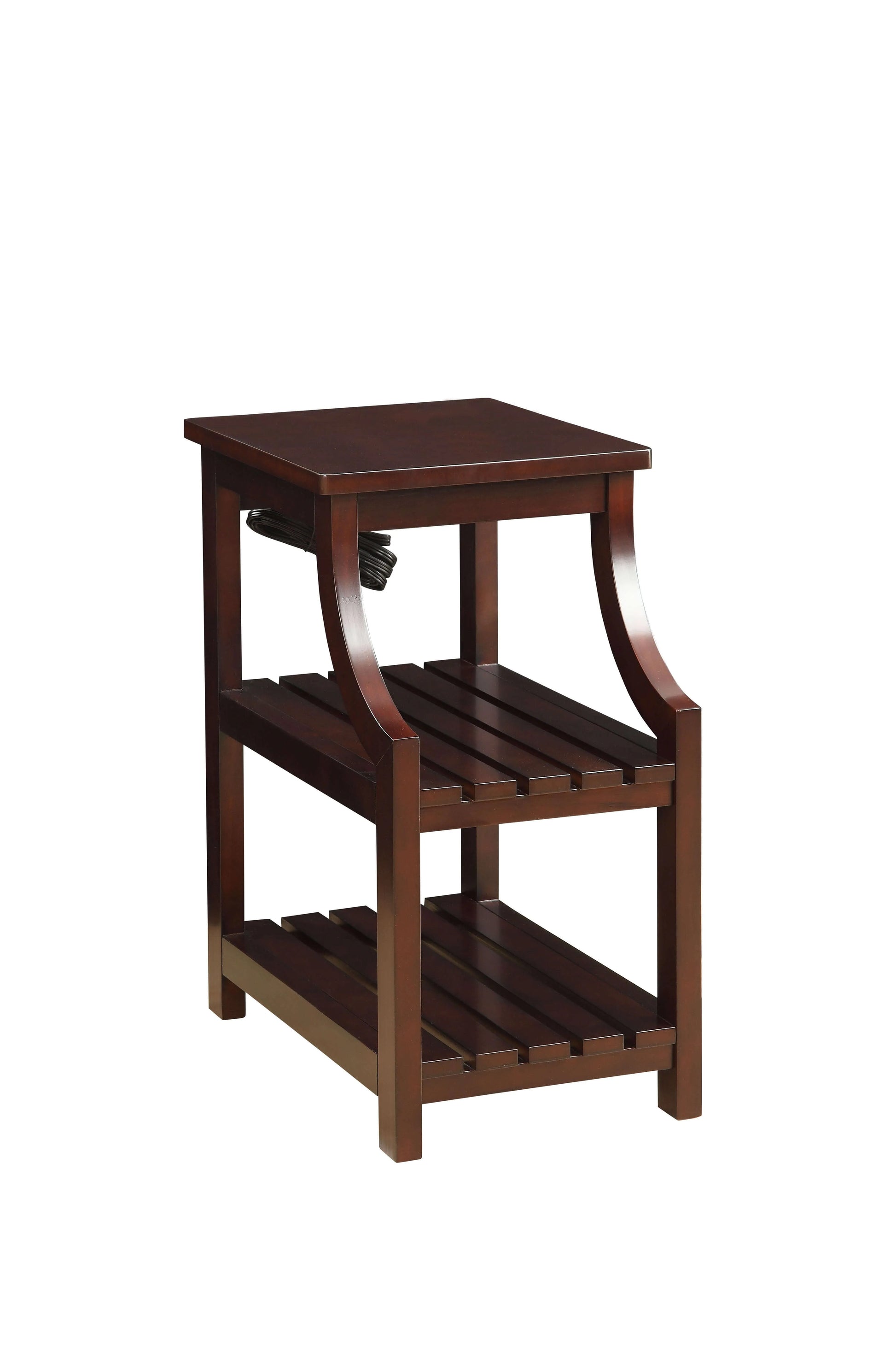 Wooden end table with two shelves on a white background