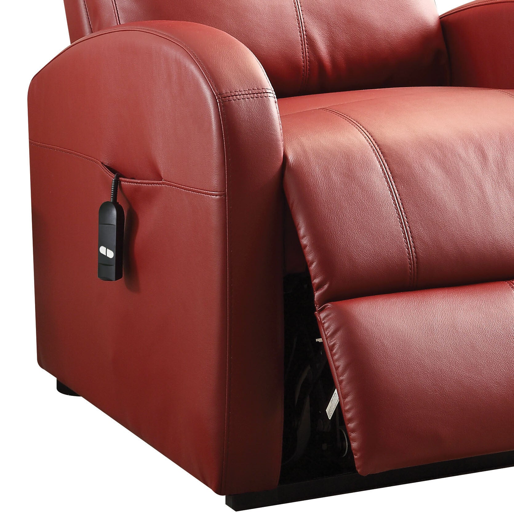 Red leather recliner chair with a remote control on a white background
