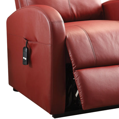 Red leather recliner chair with a remote control on a white background