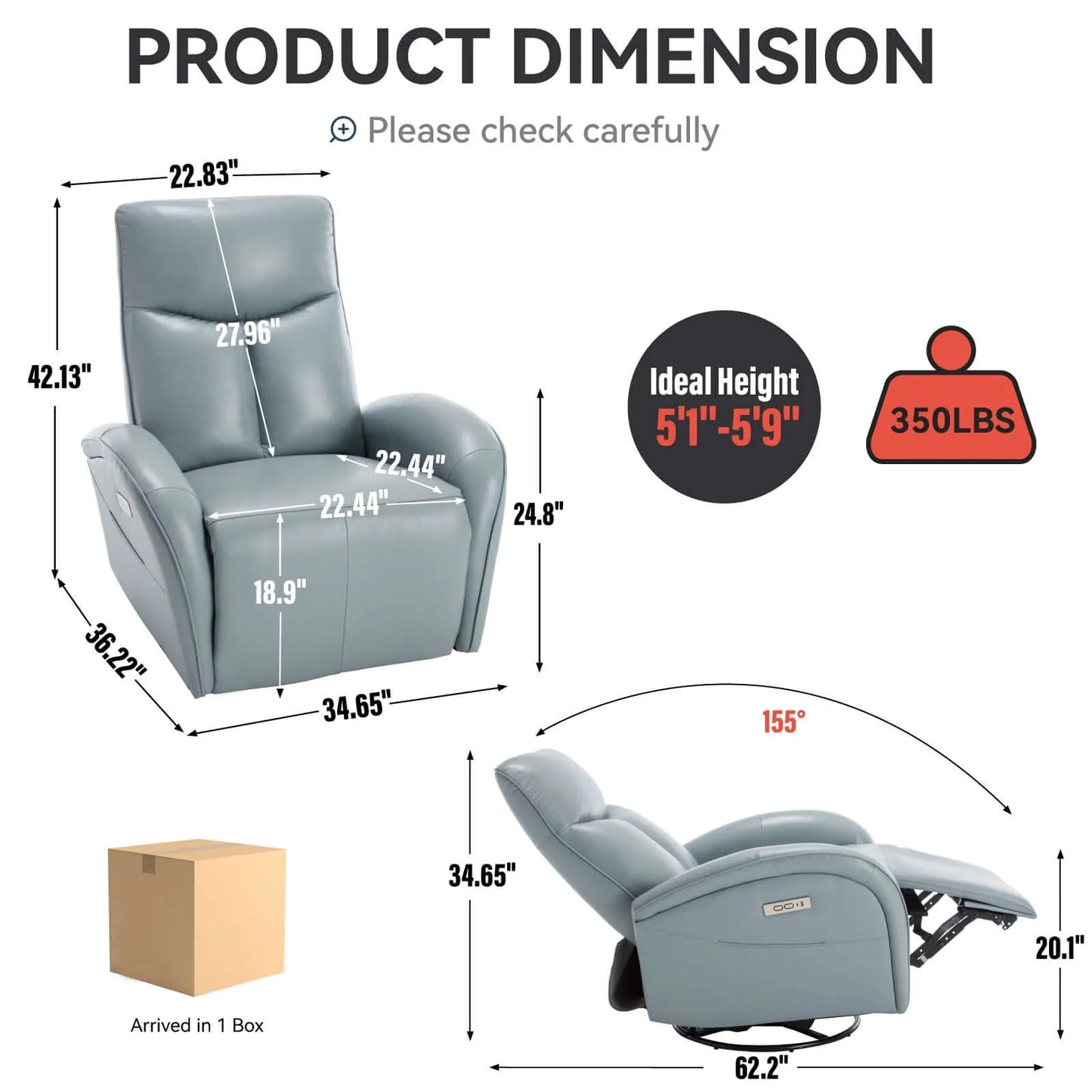 Blue recliner chair with dimensions and weight capacity information on a white background