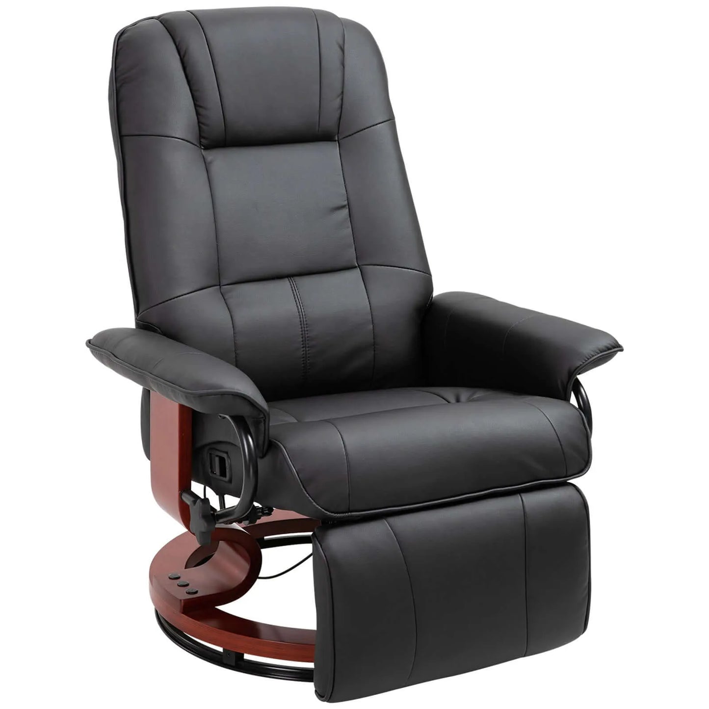 Black leather recliner chair with wooden base on a white background