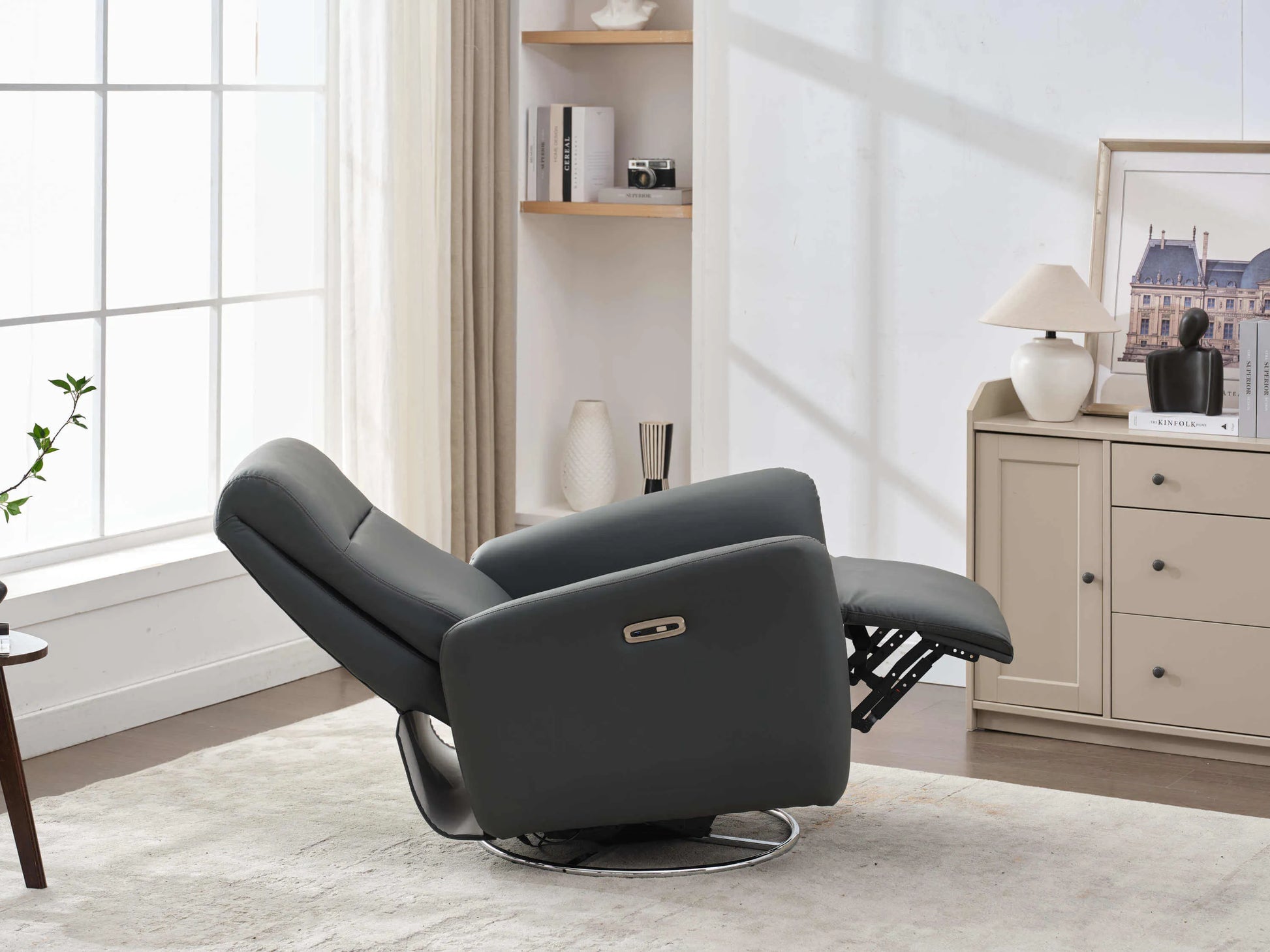 Power Swivel Glider Recliner-Dark Gray - Side view reclined