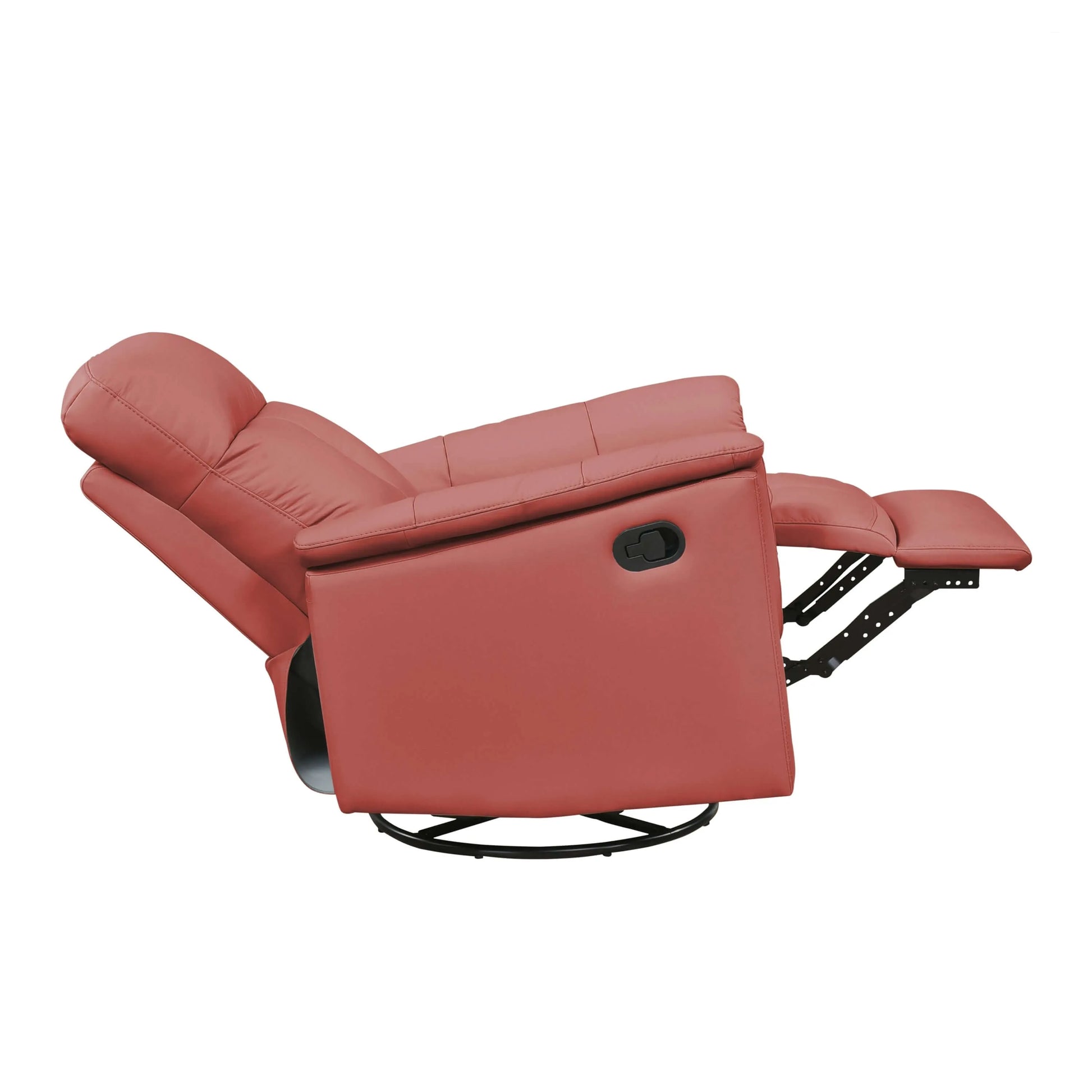Side view of a fully extended red recliner chair on a white background