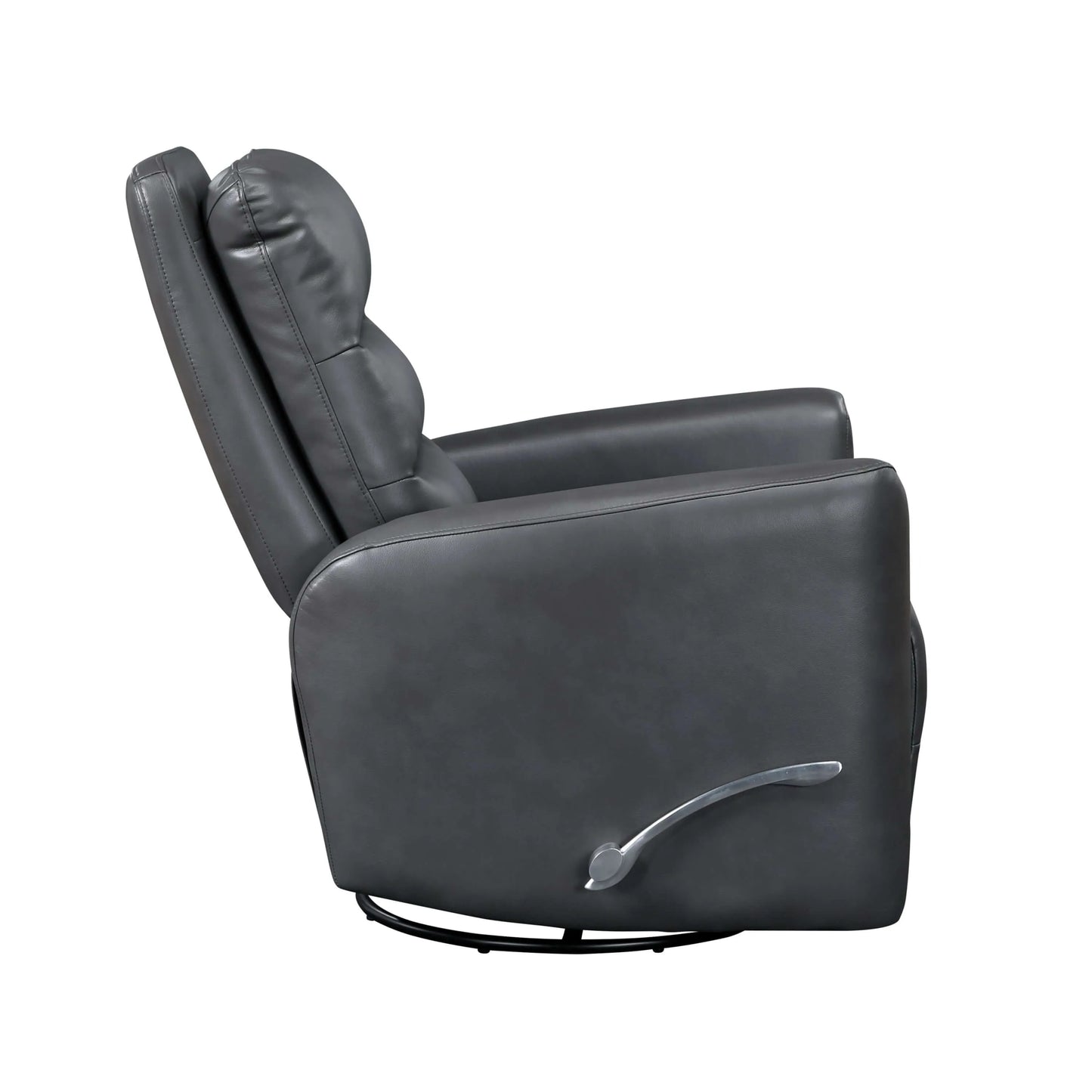 Gray recliner chair with manual control and black base on a white background