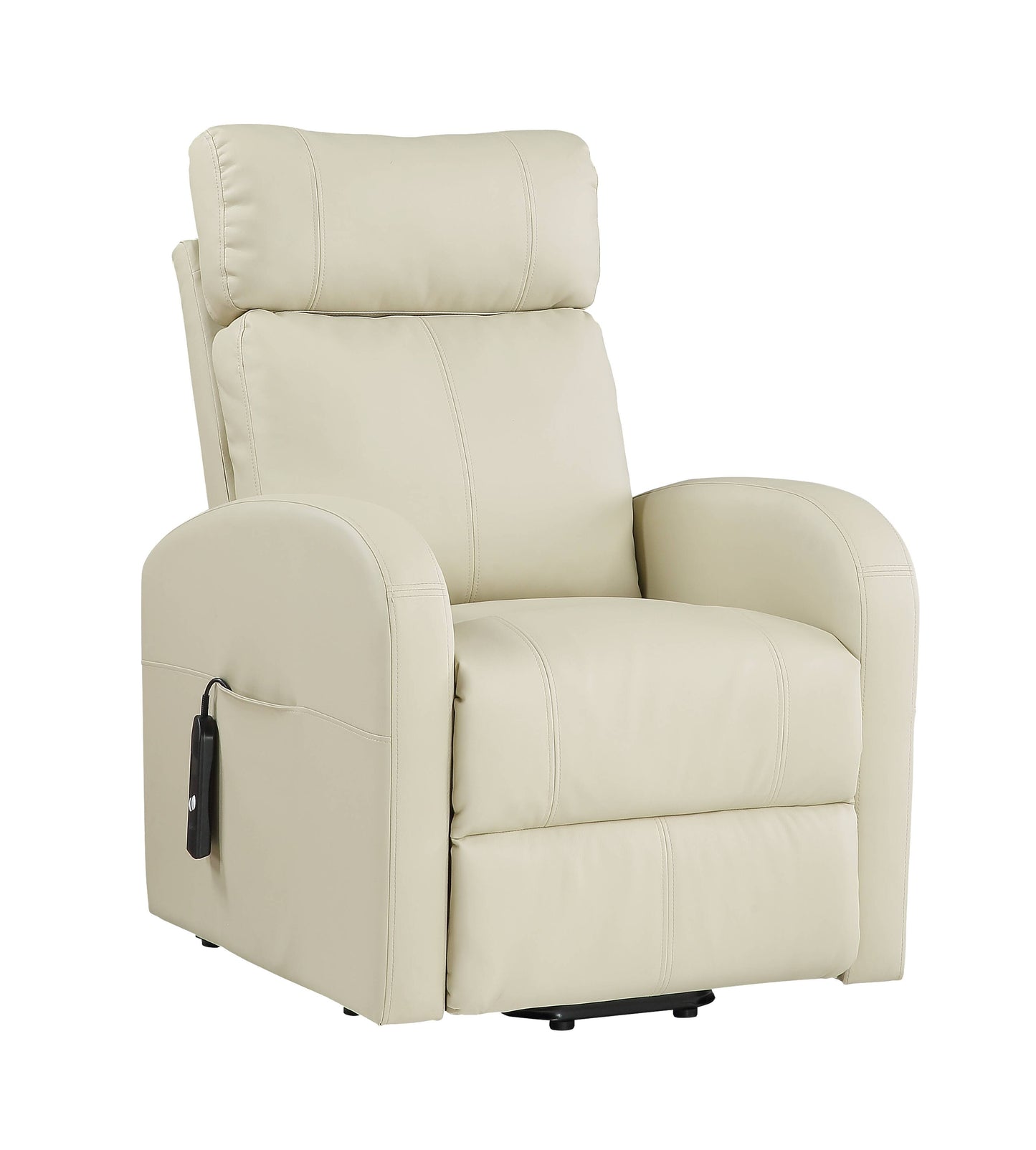 Beige recliner chair with armrest, storage pocket and control on a white background