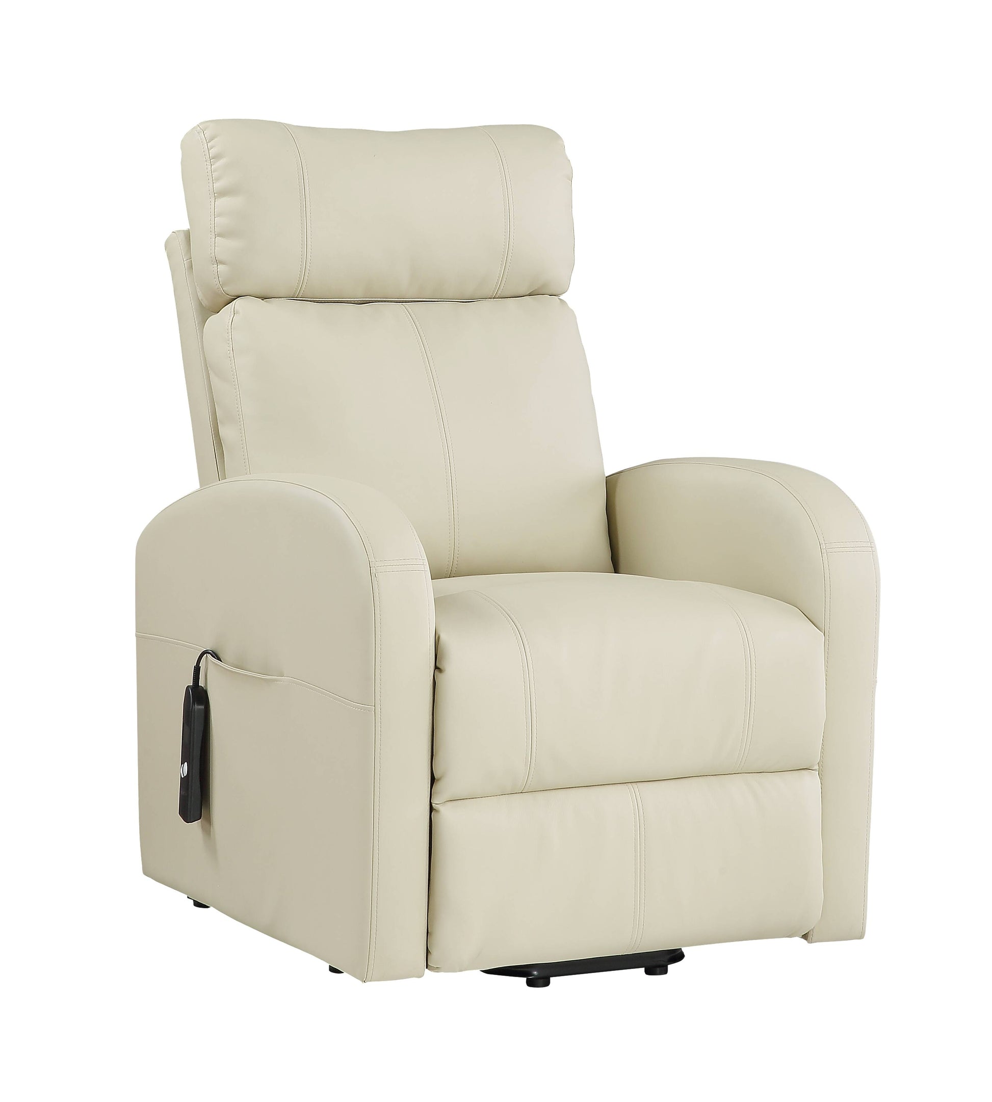 Beige recliner chair with armrest, storage pocket and control on a white background