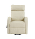 Front view of a beige recliner lift chair with a black base on a white background