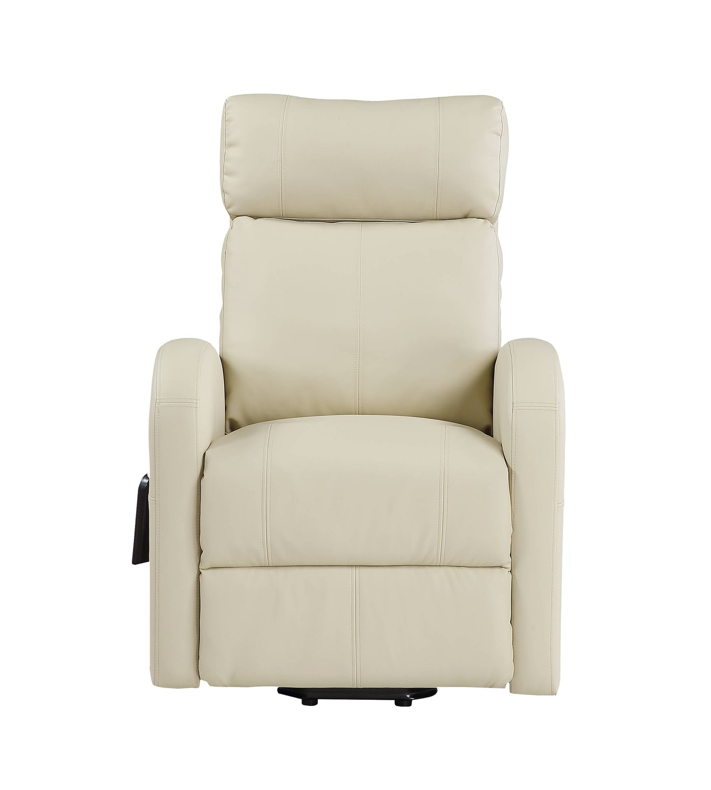 Front view of a beige recliner lift chair with a black base on a white background