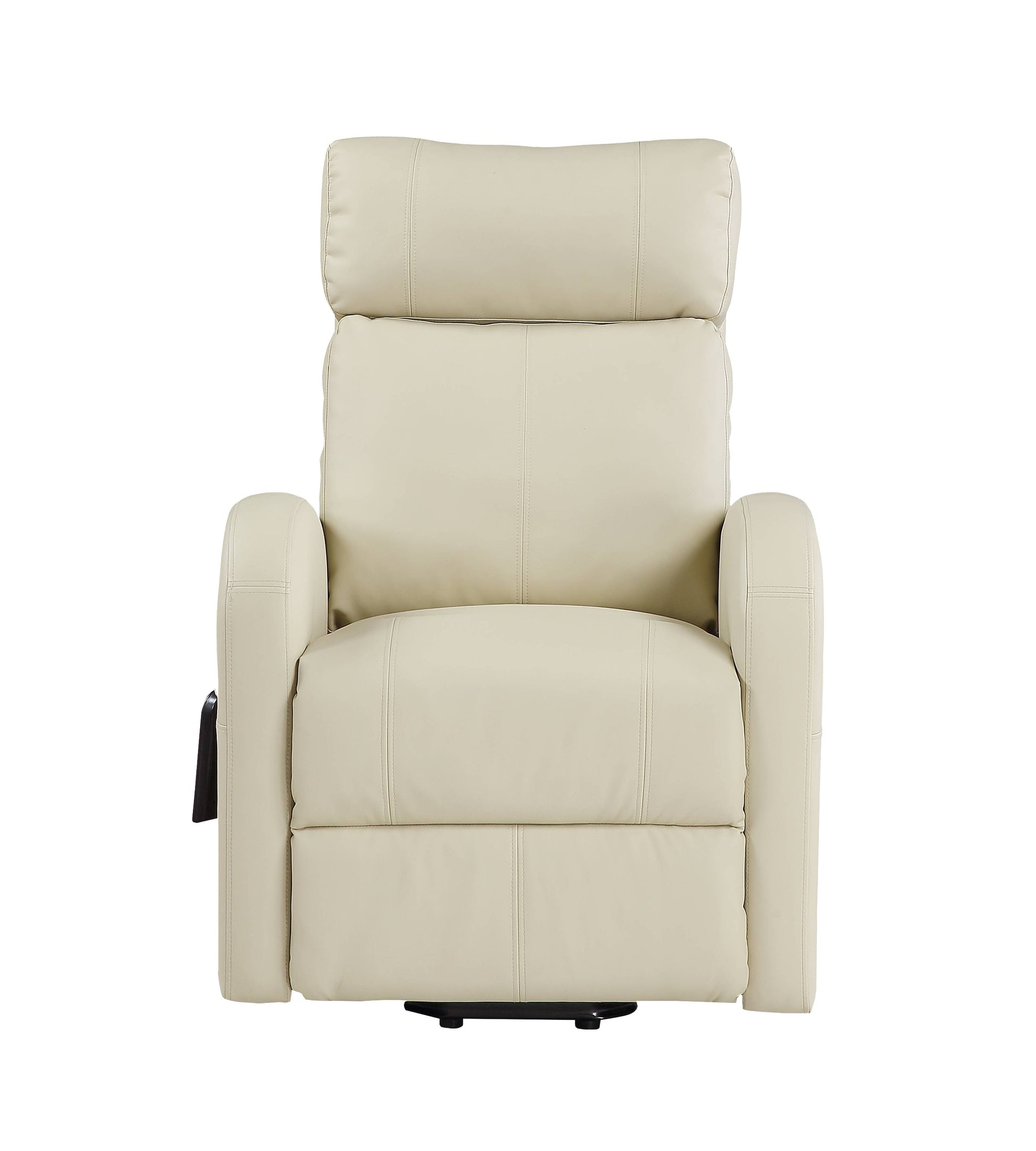 Front view of a beige recliner lift chair with a black base on a white background