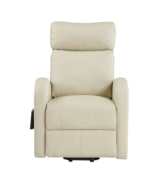 Front view of a beige recliner lift chair with a black base on a white background