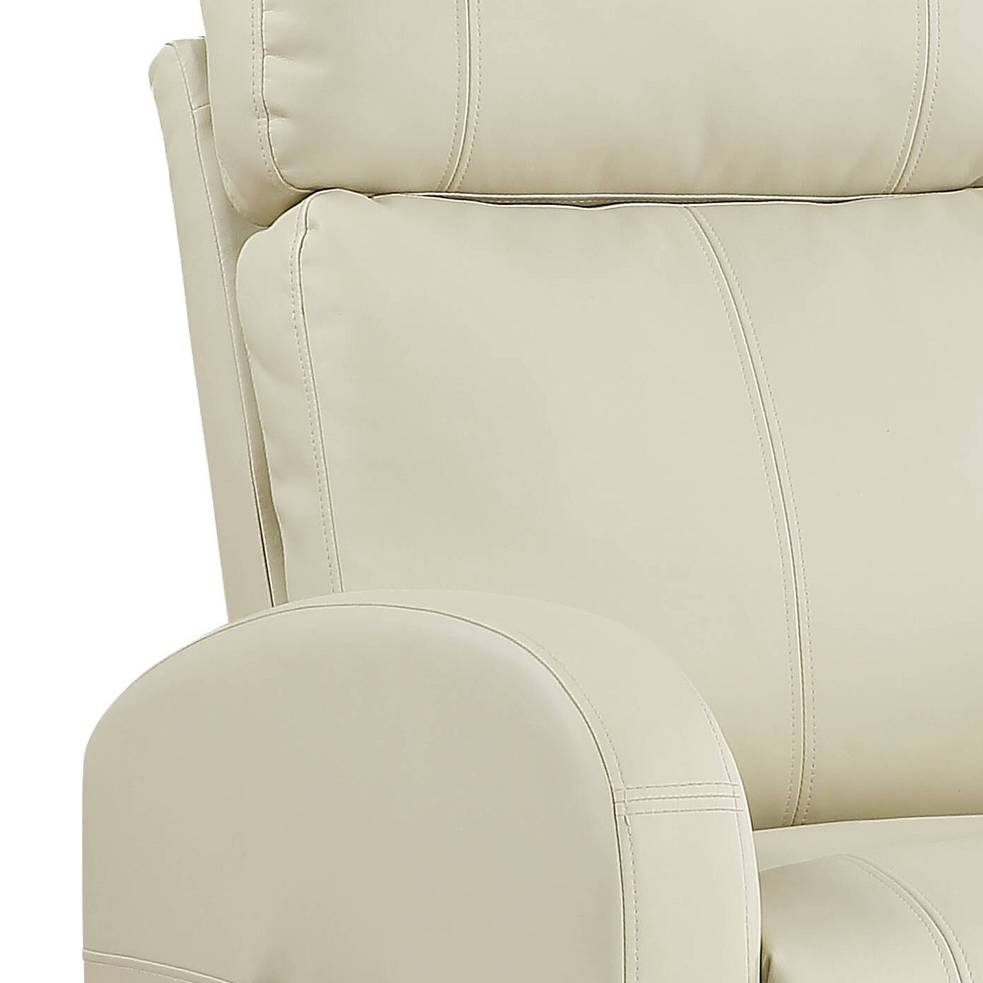 Close-up of a beige leather recliner chair back cushion with detailed stitching on a white background