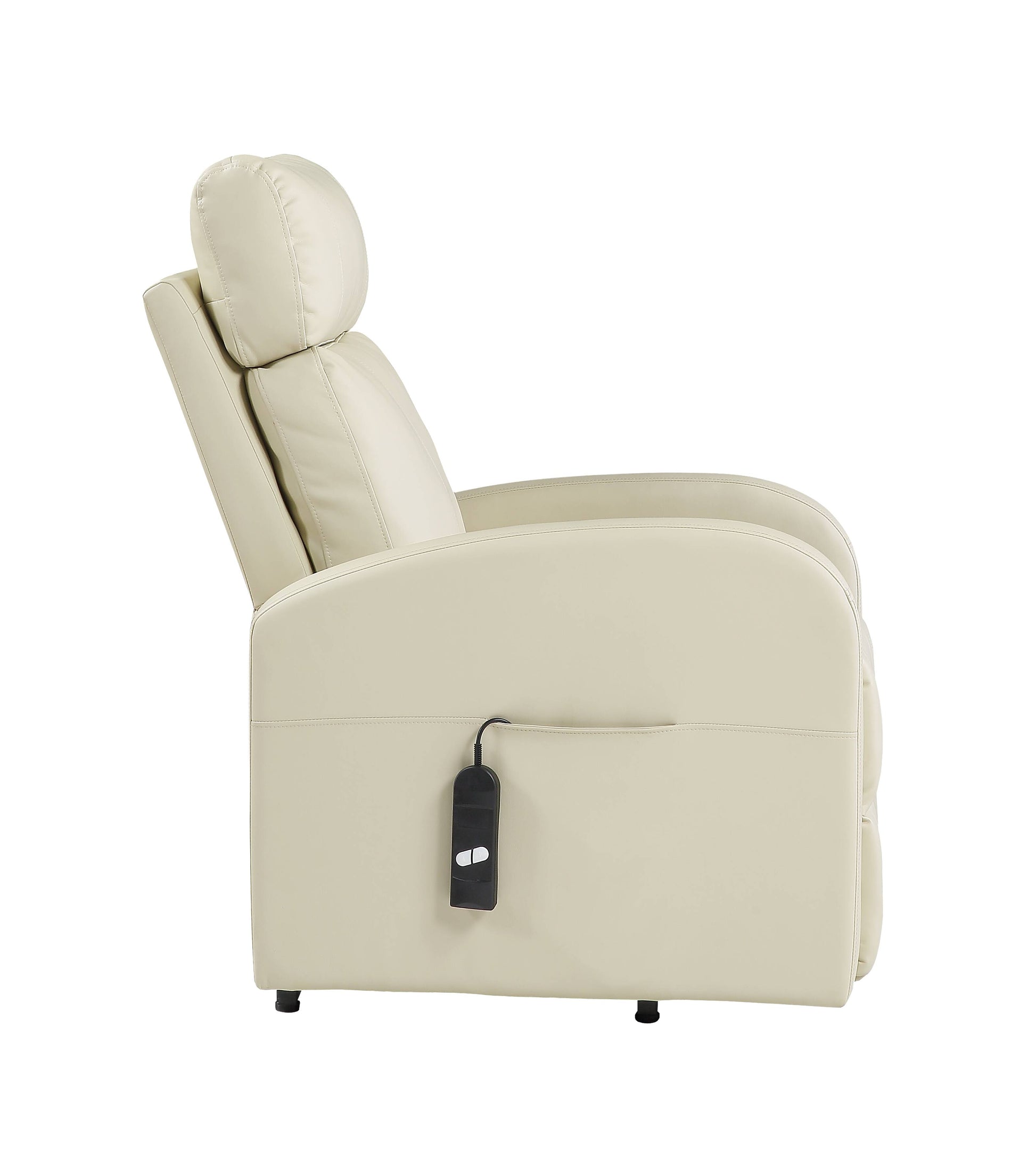 Side view of a beige recliner chair with control panel on a white background