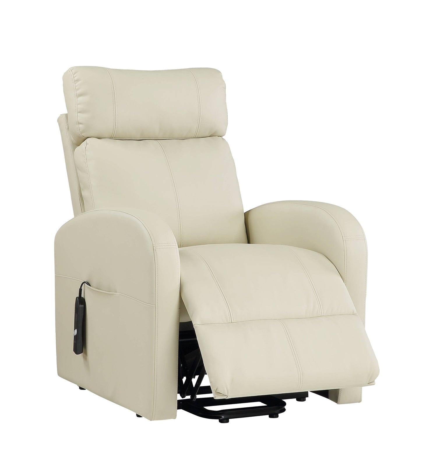 Beige recliner chair with footrest partially extended on a white background