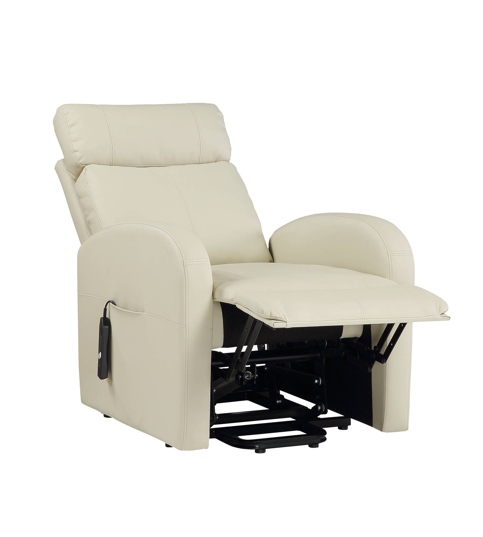 Beige recliner chair fully reclined on a white background