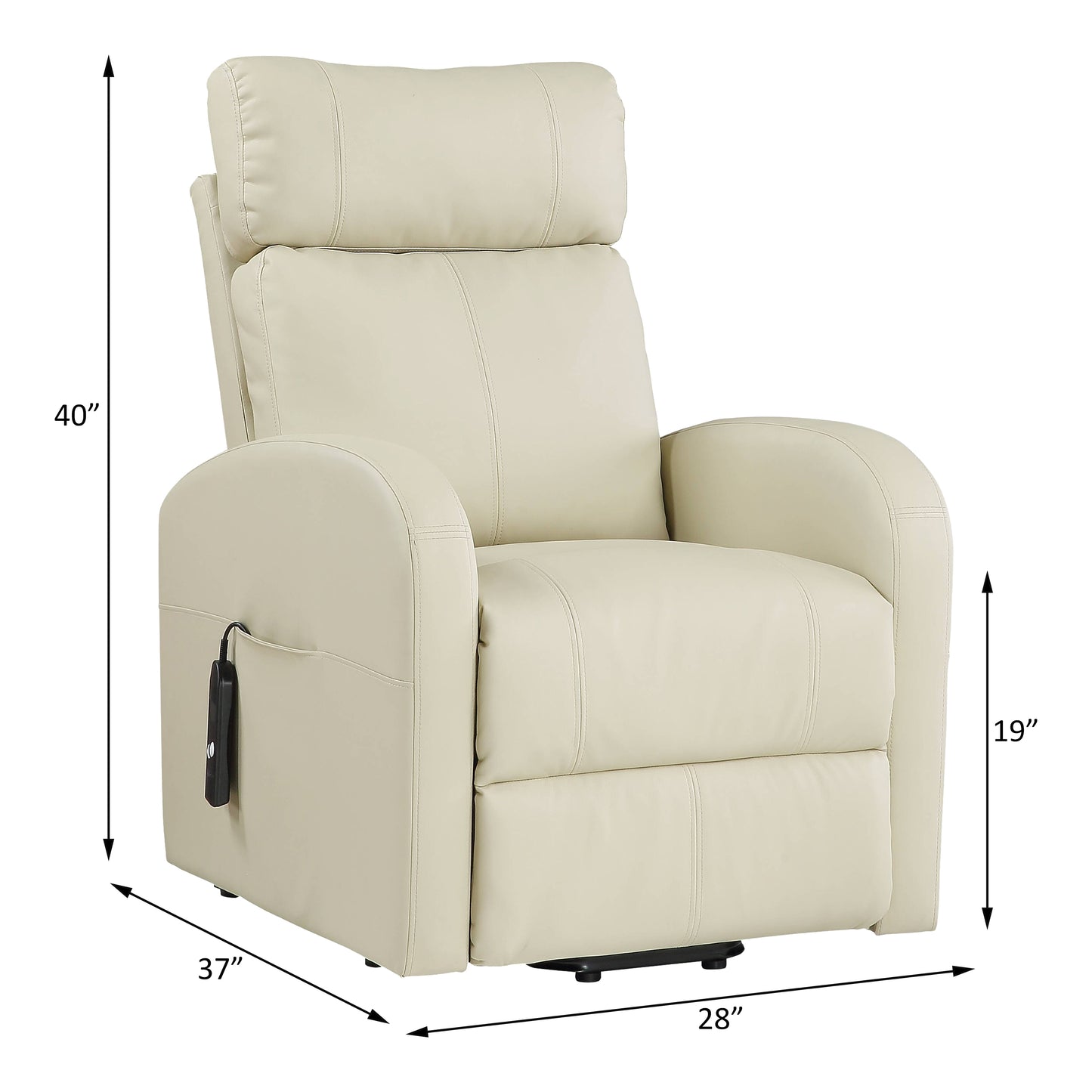 Beige recliner chair with dimensions indicated on a white background