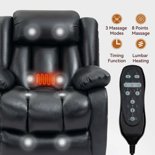 Leather Power Lift Recliner with Massage, Heat and Dual Motors-Black