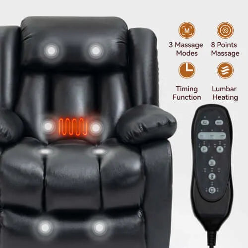 Black recliner chair with massage and remote control on a white background