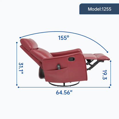Fully reclinded red recliner chair with dimensions labeled on a white background