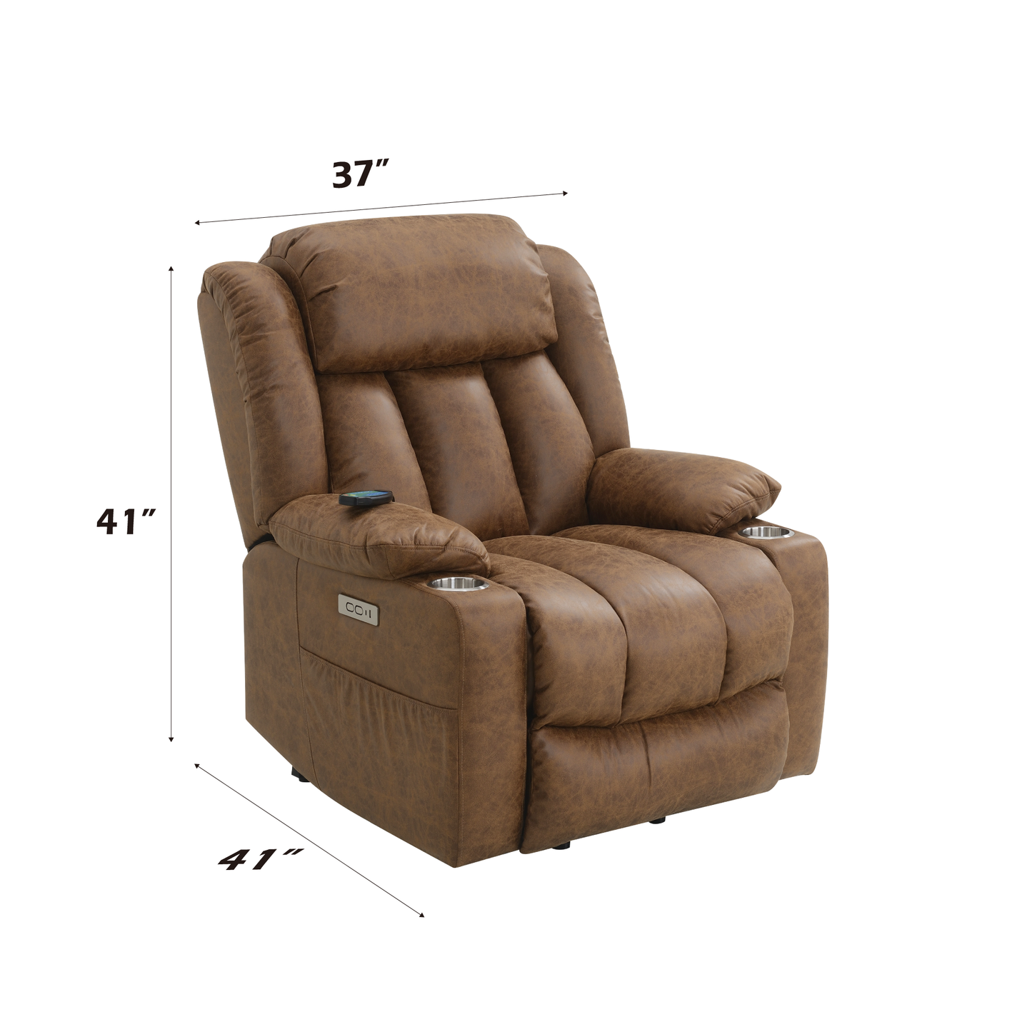 Brown recliner chair with dimensions on a white background