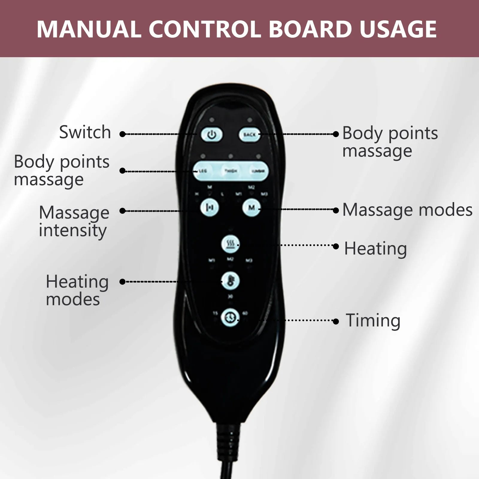 Black manual control board with labeled buttons for massage and heating functions on a gray background.