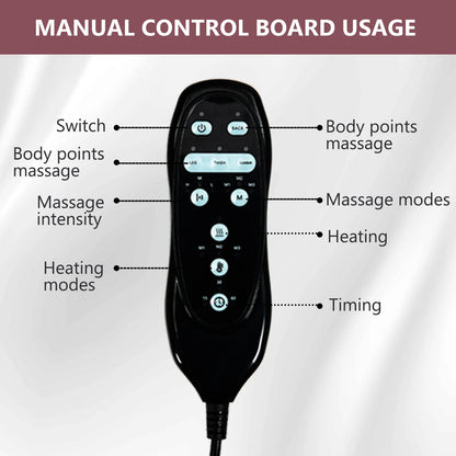 Black manual control board with labeled buttons for massage and heating functions on a gray background.