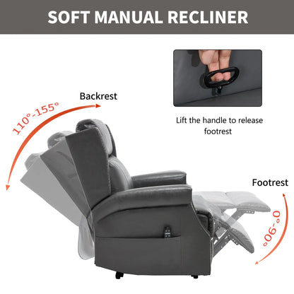 Gray recliner chair with labeled features and instructions on footrest release.