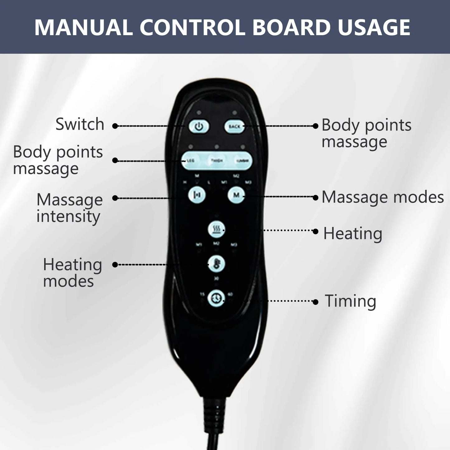 Black manual control board with labeled buttons for massage and heating functions on a white background.